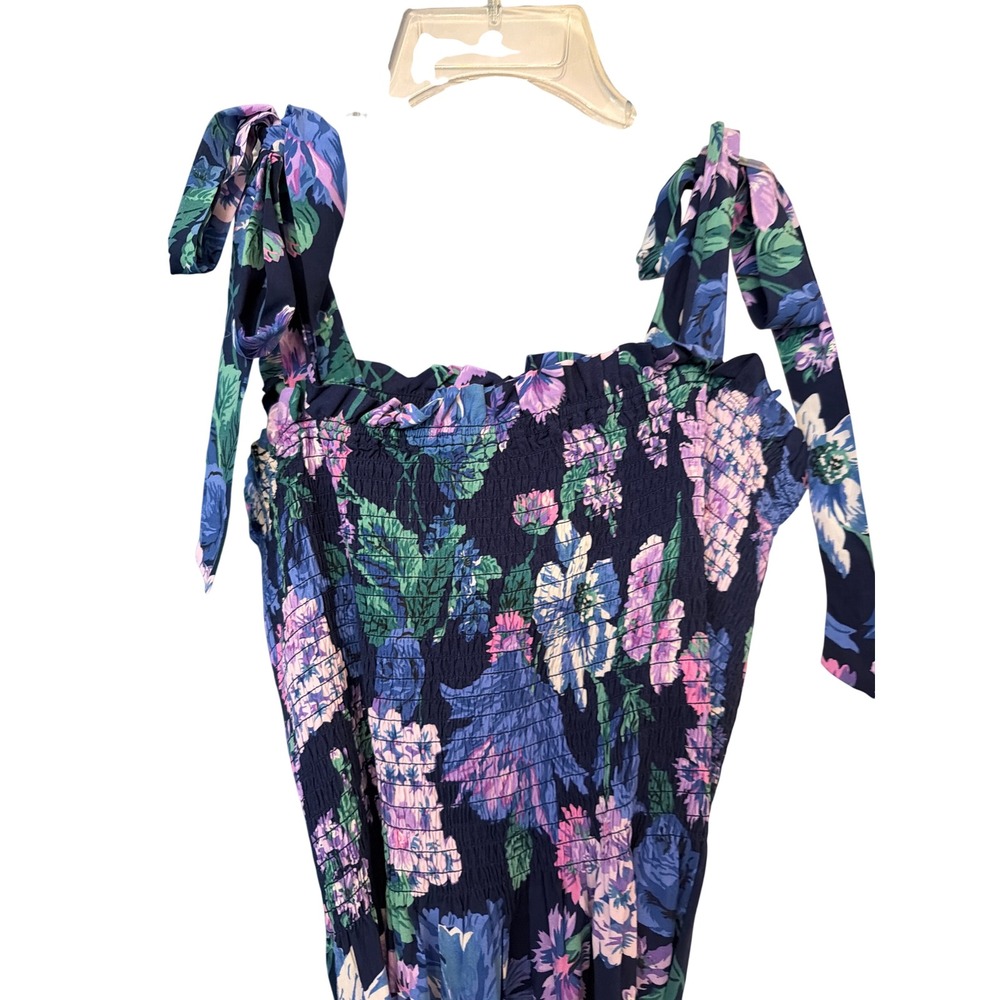 J.Crew Dress Navy Floral AV066 Smocked Tie-Shoulder Maxi Beachwear Sustainable L - Picture 2 of 8